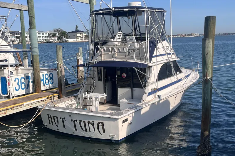 The Image of 1981 Bertram 35 Sportfish boat named "Hot Tuna" docked at a marina. - 1
