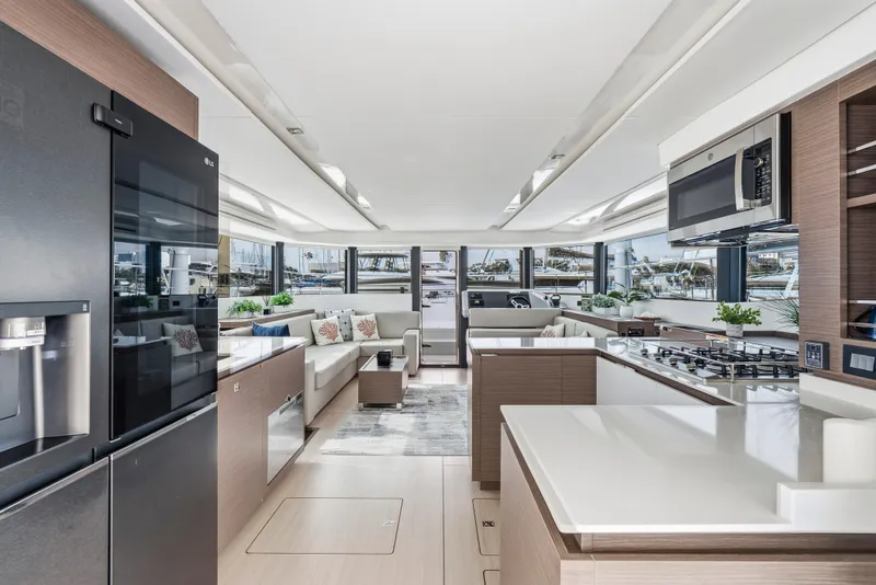 Slide: The Image of Luxurious kitchen interior of 2025 Leopard 53 Powercat yacht with ocean view. - 16