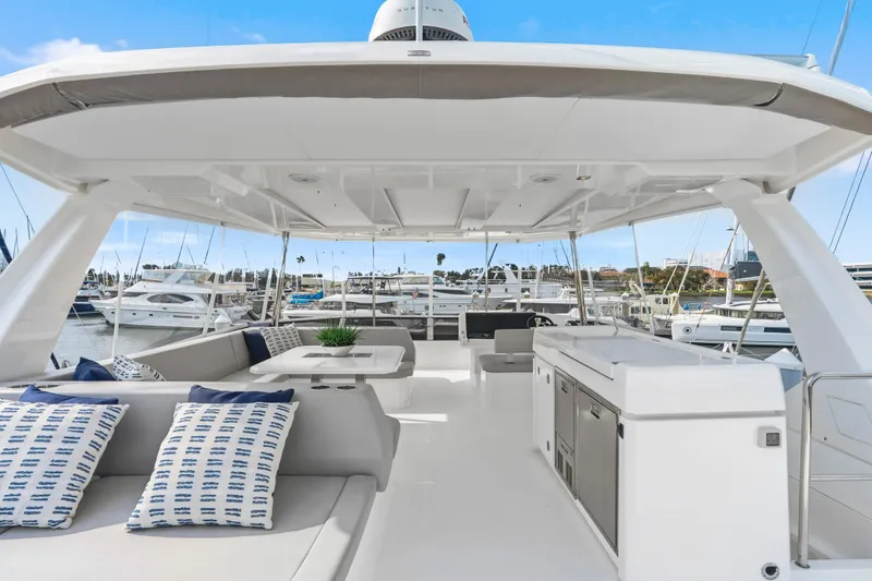 Slide: The Image of Interior view of 2025 Leopard 53 Powercat helm with modern controls and seating. - 46