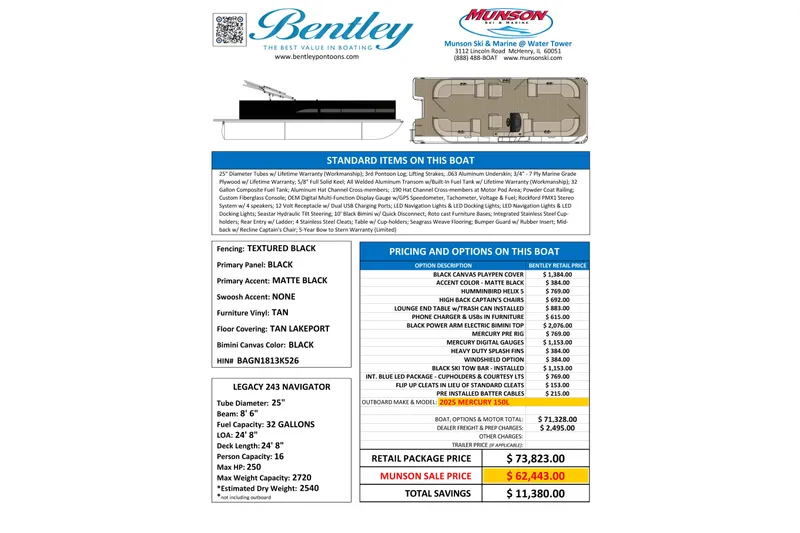 Slide: The Image of Bentley Pontoons 2026 Legacy 243 Navigator specifications and pricing details flyer. - 2