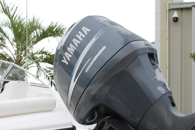 Slide: The Image of Yamaha outboard motor on 2005 Edgewater 185DC boat, palm tree background. - 9
