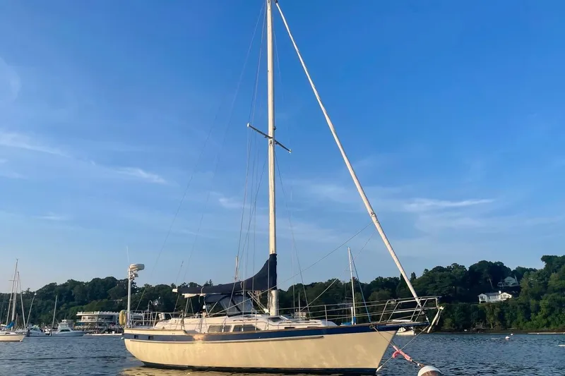 The Image of 1987 Irwin 38 Mk II sailboat anchored on calm water under clear blue sky. - 0