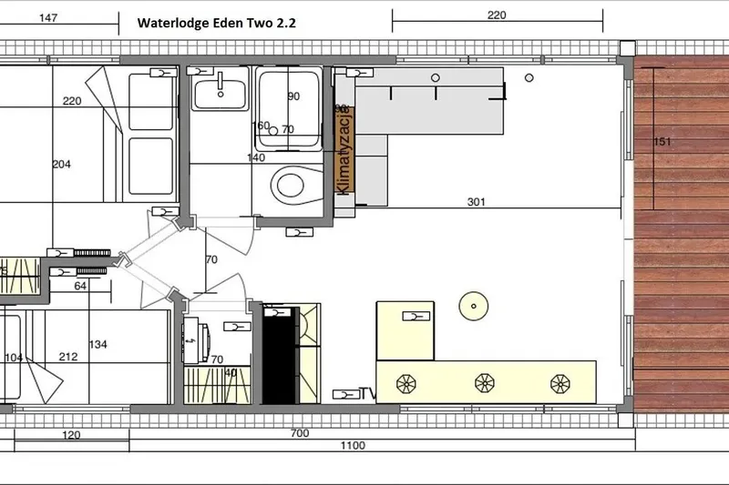 Slide: The Image of Floor plan of Waterlodge Modern 11, 2026 model, featuring compact layout and deck area. - 43