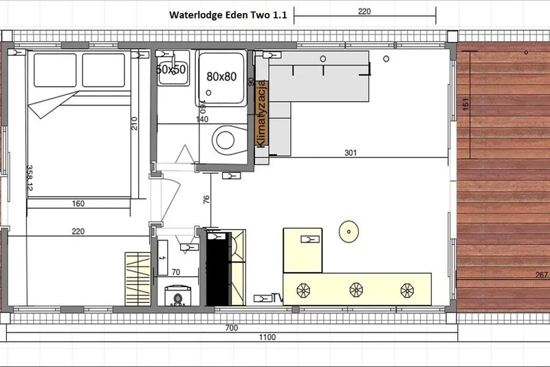 Slide: The Image of Floor plan of Waterlodge Modern 11, 2026 model, featuring bedroom, bathroom, and kitchen layout. - 44