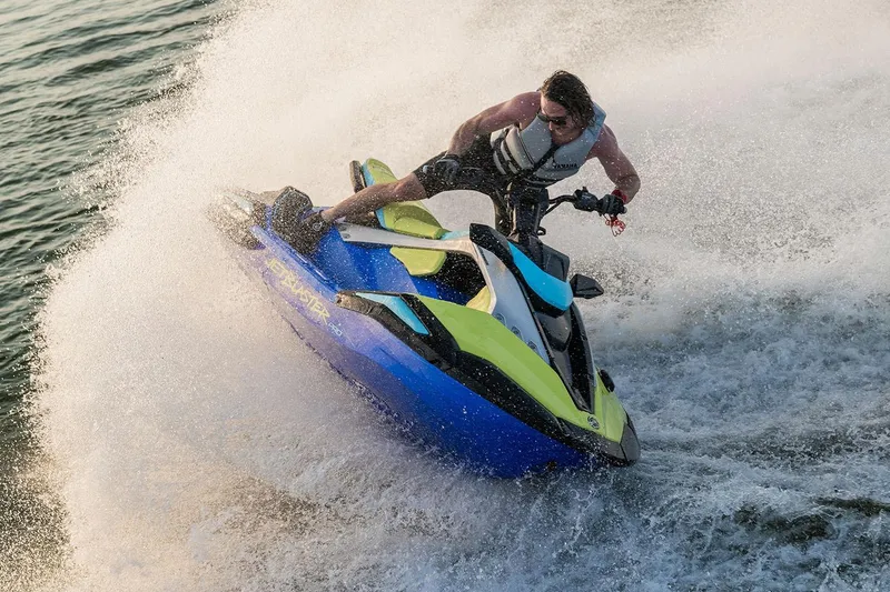 Slide: The Image of Manufacturer Provided Image: 2026 Yamaha WaveRunner JetBlaster PRO 2-Up in action on water, rider performing a sharp turn. - 3