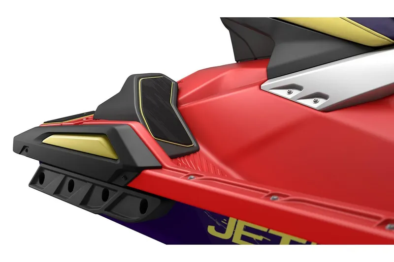 Slide: The Image of Manufacturer Provided Image: 2026 Yamaha WaveRunner JetBlaster PRO 3-Up, red and black design, close-up view. - 7