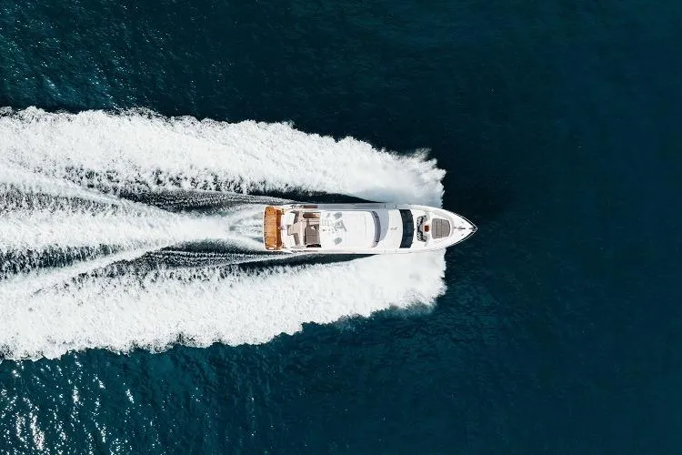 Slide: The Image of Aerial view of 2017 Princess 75 Motor Yacht cruising on open water. - 28