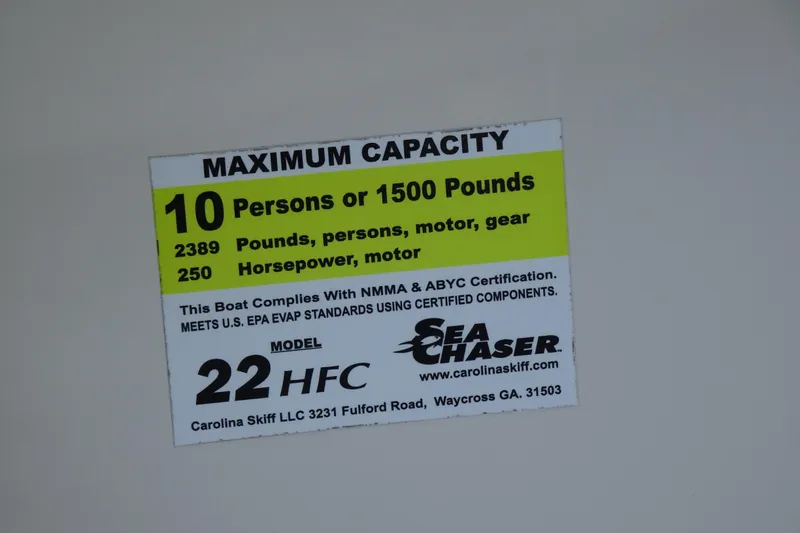 Slide: The Image of 2018 Sea Chaser 22 HFC capacity label, 10 persons or 1500 pounds, 250 horsepower. - 17