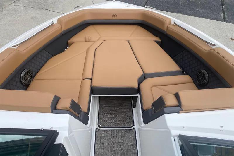 Slide: The Image of Luxurious interior of 2022 Cobalt R8 boat with tan and black seating. - 11