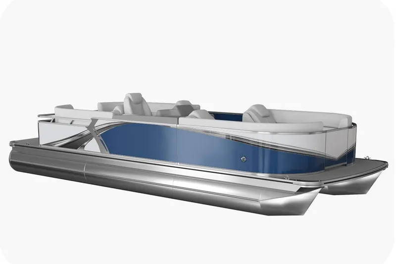 Slide: The Image of 2026 Tahoe Pontoon LTZ Quad Lounger, sleek design, blue and silver finish, luxury seating. - 2