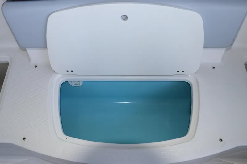 Slide: The Image of 2026 Chaparral 21 SSi Ski & Fish OB livewell with open lid, showcasing interior. - 15