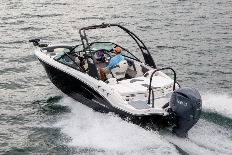Slide: The Image of Manufacturer Provided Image: 2026 Chaparral 21 SSi Ski & Fish OB boat, sleek design, outboard motor, white and gray interior. - 2