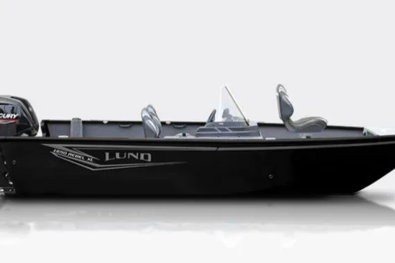 The Image of 2026 Lund 1650 Rebel XL SS fishing boat, side view, sleek black design. - 1