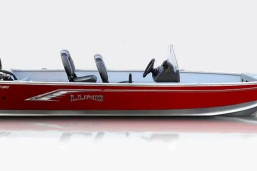 The Image of 2026 Lund 1600 Fury SS boat, red exterior, side view, sleek design. - 1