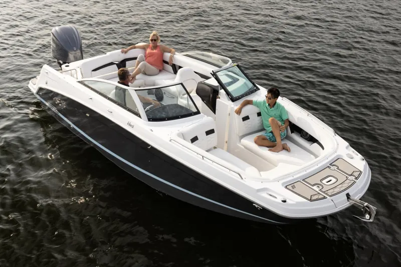 Slide: The Image of Manufacturer Provided Image: 2025 Four Winns HD5 OB boat cruising on water with passengers enjoying the ride. - 24