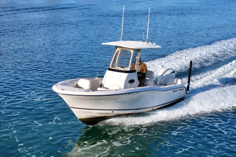 Slide: The Image of 2024 Grady-White Fisherman 216 boat anchored in clear shallow water, aerial view. - 3