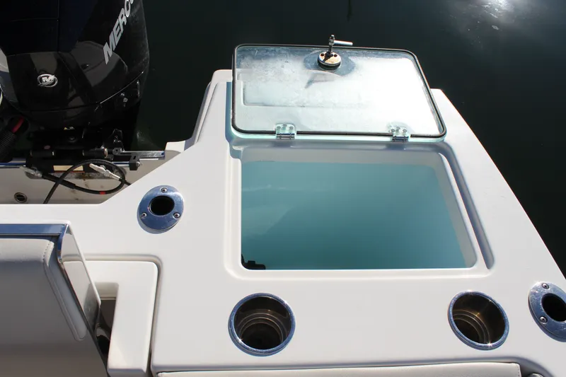 Slide: The Image of Sailfish 226DC 2024 boat with open storage compartment and motor. - 21