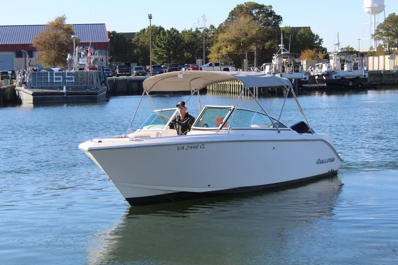 Slide: The Image of 2024 Sailfish 226DC boat in harbor, calm water, sunny day. - 3