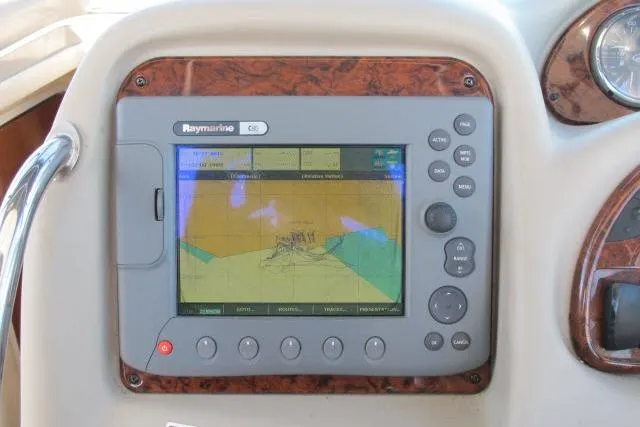 Slide: The Image of Raymarine GPS navigation system on 2007 Sea Ray 340 Sundancer boat dashboard. - 30
