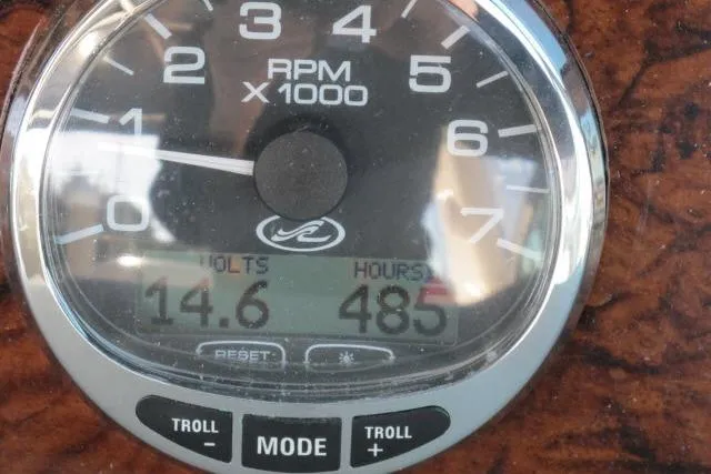 Slide: The Image of Close-up of 2007 Sea Ray 340 Sundancer tachometer showing 485 hours and 14.6 volts. - 35