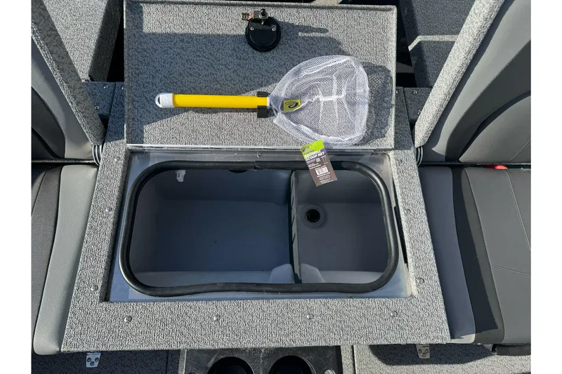 Slide: The Image of 2026 Lund 1675 Adventure SS boat livewell with net and storage compartment. - 15