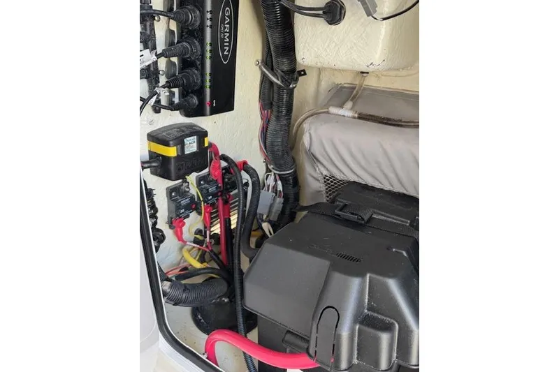Slide: The Image of 2023 Regulator 31 boat electrical system with Garmin equipment and wiring components. - 46