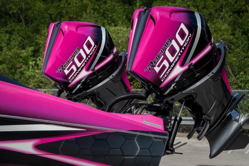 Slide: The Image of Pink MTI 390XR boat with dual Racing 500 Competition engines, 2023 model. - 32