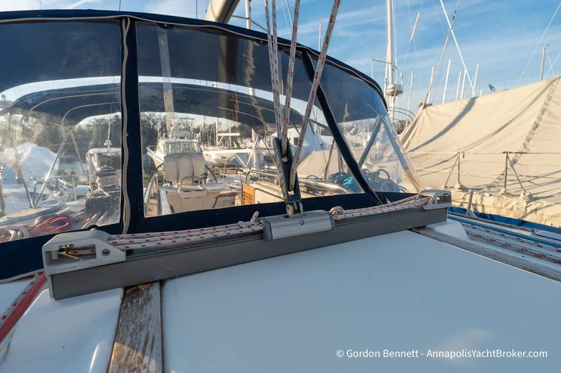 Slide: The Image of 2004 Jeanneau Sun Odyssey 43 DS sailboat deck with rigging and cockpit view. - 18