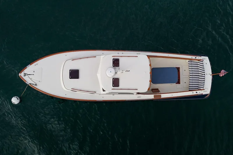 Slide: The Image of Aerial view of 2001 Hinckley Picnic Boat Classic on calm water. - 8