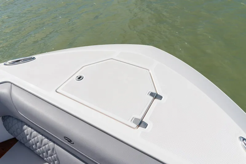 Slide: The Image of Bow of 2026 Regal LX43 boat with sleek design on calm water. - 45