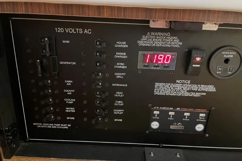 Slide: The Image of Electrical control panel of 2023 Pursuit S 358 Sport boat, showing 120 volts AC system. - 11