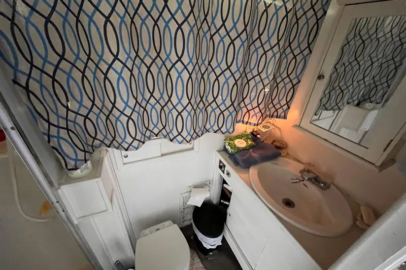 Slide: The Image of 1972 Whitcraft houseboat bathroom with sink, toilet, and patterned shower curtain. - 19