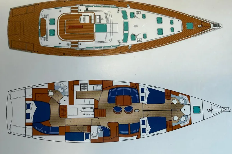 Slide: The Image of Deck and interior layout of a 2004 Beneteau 57 yacht, showcasing detailed design. - 36