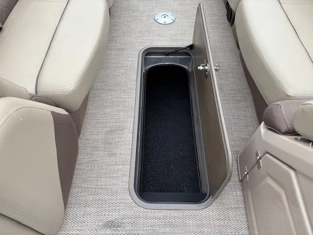 Slide: The Image of 2024 Regency 250 LE3 boat interior with open storage compartment. - 21