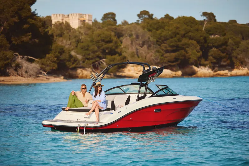 Slide: The Image of 2026 Sea Ray SPX 210 boat on blue water with two people. - 38