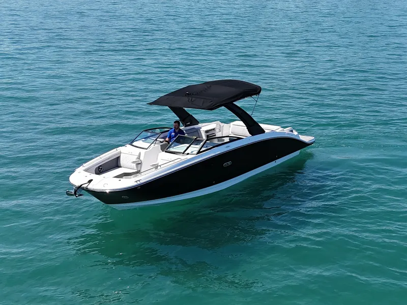 Slide: The Image of 2026 Sea Ray SDX 290 on calm water with a black canopy and white hull. - 2