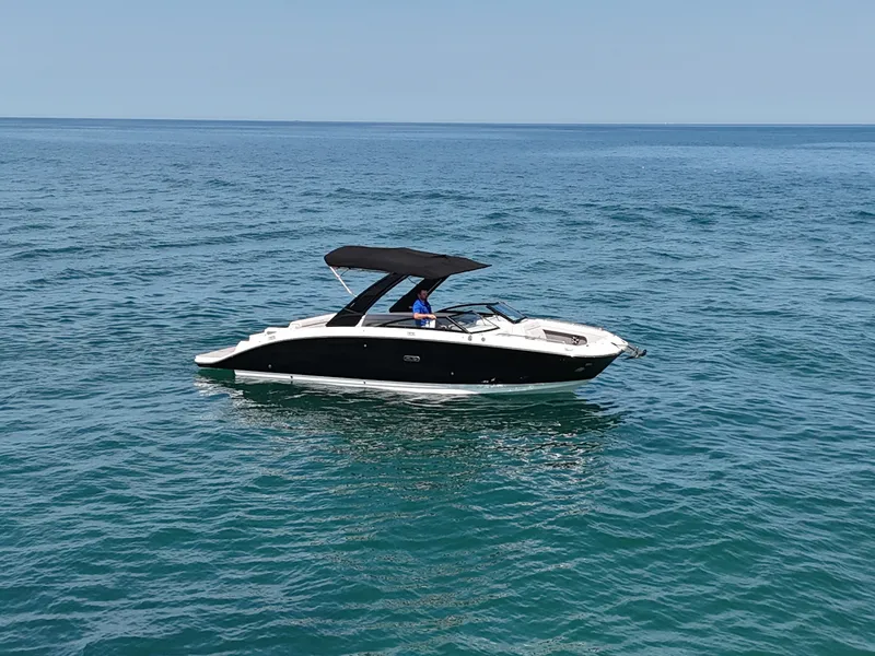 Slide: The Image of A 2026 Sea Ray SDX 290 cruising on calm waters with a black canopy. - 6