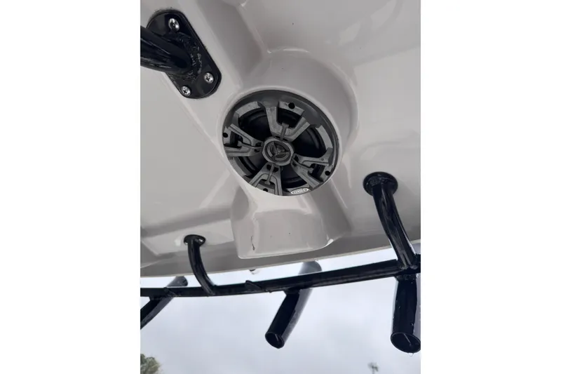 Slide: The Image of 2021 Sea Born FX22 Bay boat speaker and rod holder detail. - 22