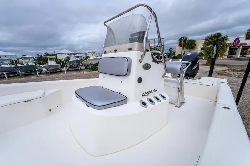 Slide: The Image of 2005 BlackJack 224 boat with console and seating, parked outdoors under cloudy skies. - 16