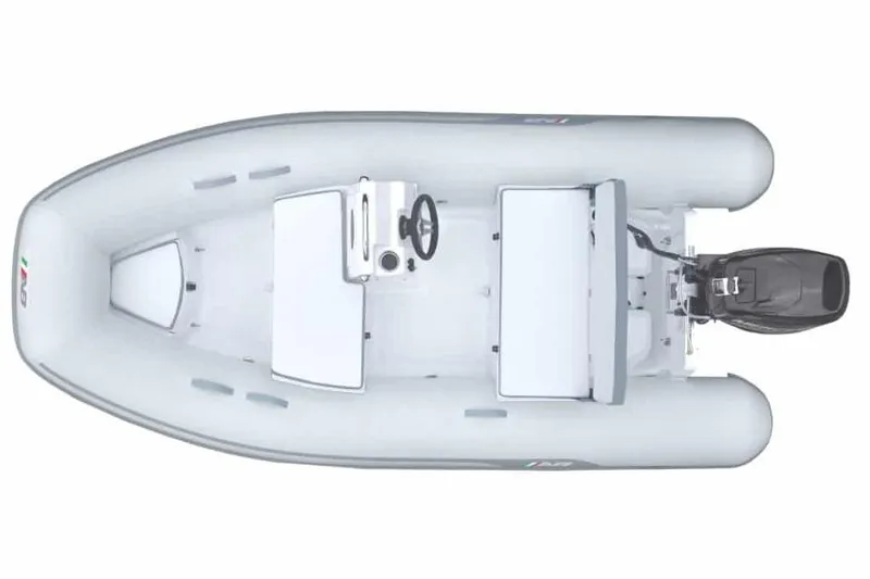 Slide: The Image of 2023 AB 12 VSX inflatable boat, top view, featuring steering console and outboard motor. - 3