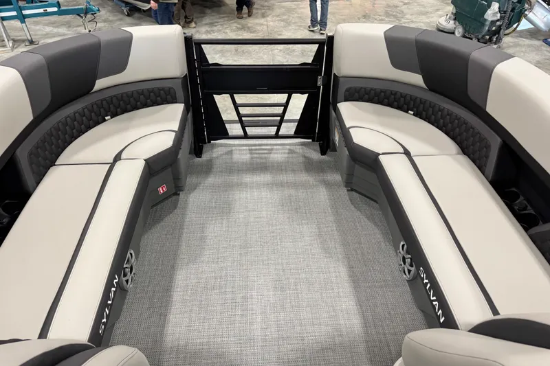 Slide: The Image of Interior of 2026 Sylvan L-5 Platinum pontoon boat with luxurious seating. - 16