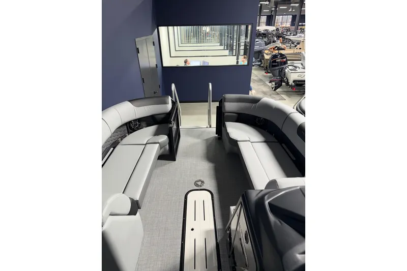 Slide: The Image of 2026 Veranda RELAX VR235VLI pontoon boat interior with gray seating and modern design. - 7