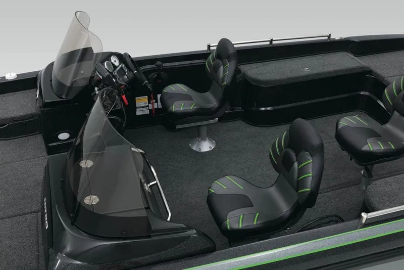 Slide: The Image of Minn Kota Ultrex trolling motor on 2020 Nitro ZV21 boat, garage setting. - 11