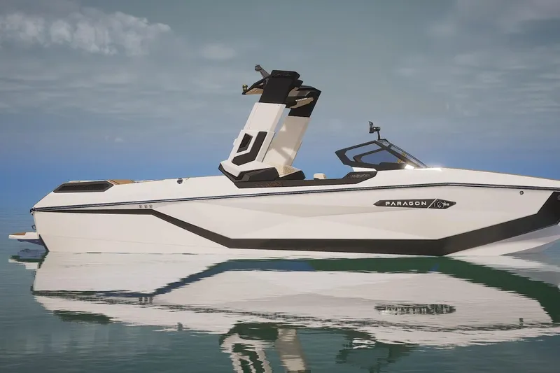 Slide: The Image of 2026 Nautique Super Air Nautique G25 Paragon interior with luxurious steering and control panel. - 9