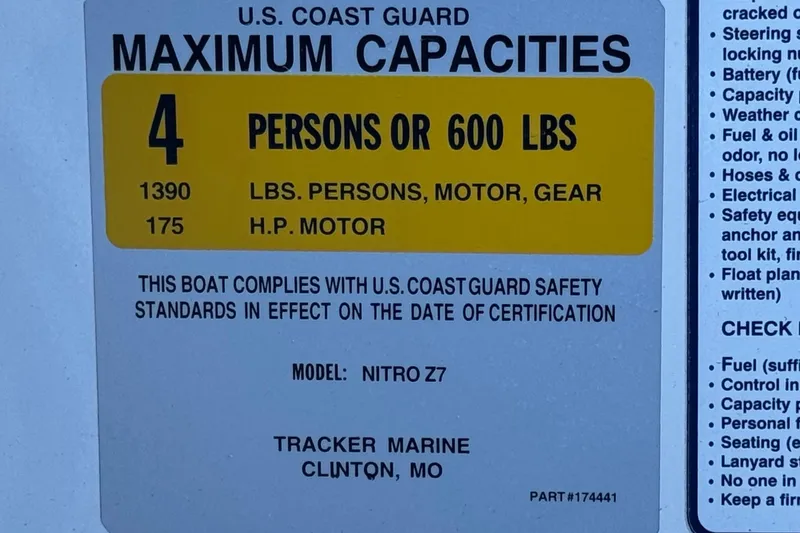 Slide: The Image of U.S. Coast Guard capacity label for 2015 Nitro Z-7 boat, 4 persons or 600 lbs. - 23