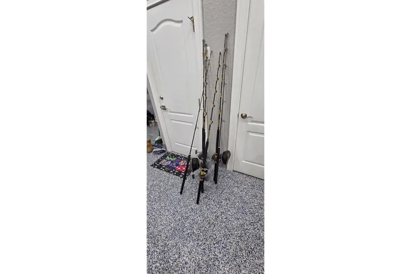 Slide: The Image of Fishing rods leaning against a wall in a carpeted room, near white doors. - 83