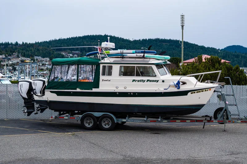 The Image of 2006 C-Dory 25' Tomcat Catamaran on trailer, dockside with scenic background. - 0