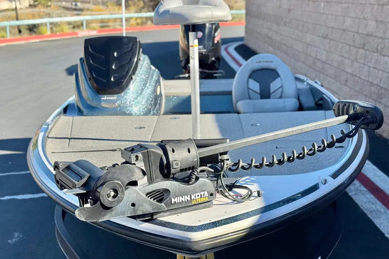 Slide: The Image of 2019 Nitro Z17 boat with Minn Kota trolling motor on deck. - 2