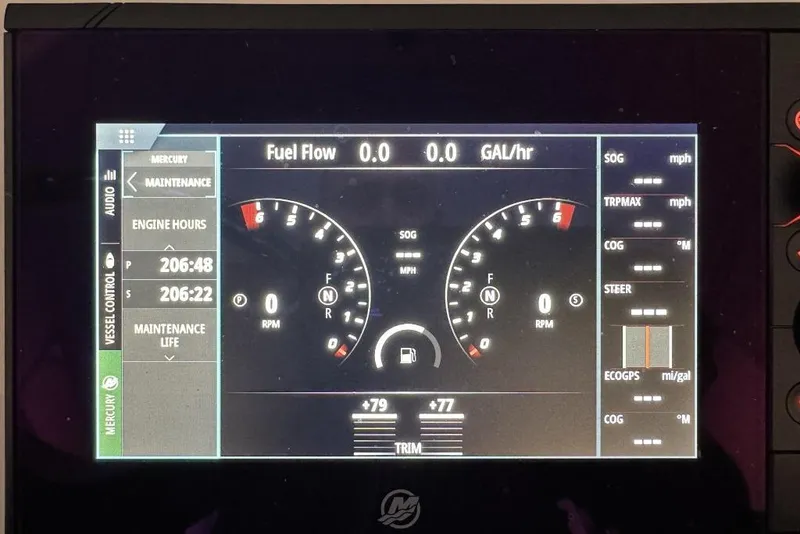 Slide: The Image of Display screen of 2023 Onslow Bay 27 Offshore boat showing engine metrics and fuel flow. - 7