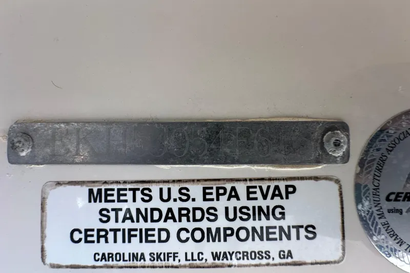 Slide: The Image of 2016 Carolina Skiff 219 DLV compliance plate, meets U.S. EPA standards, Waycross, GA. - 68